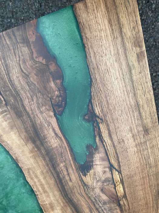 Live Edge Epoxy Mantle, Custom 40” x 20" Walnut Wood Metallic Emerald Green Epoxy Shelf Order for Bryan W