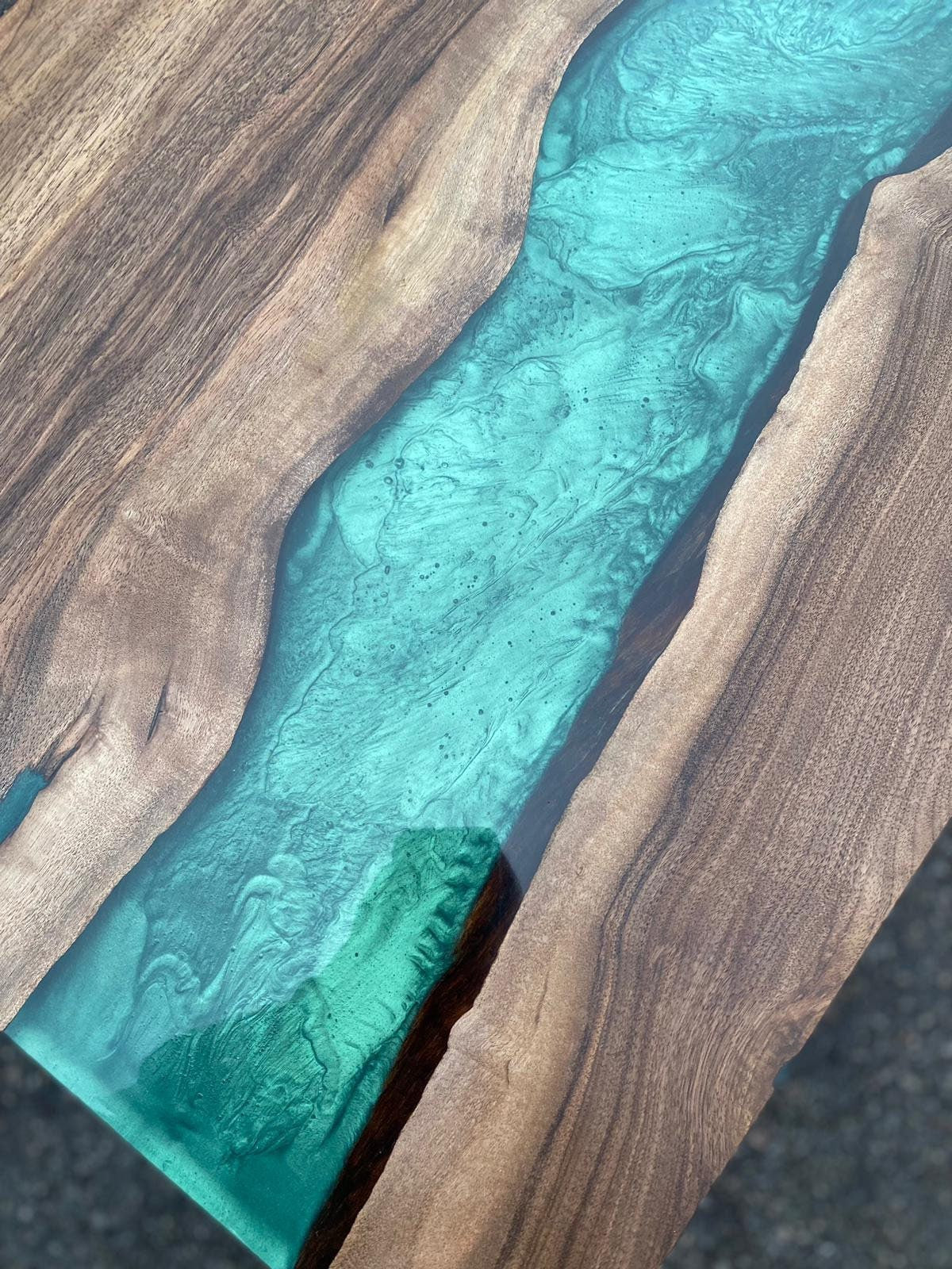 Live Edge Epoxy Mantle, Custom 40” x 20" Walnut Wood Metallic Emerald Green Epoxy Shelf Order for Bryan W