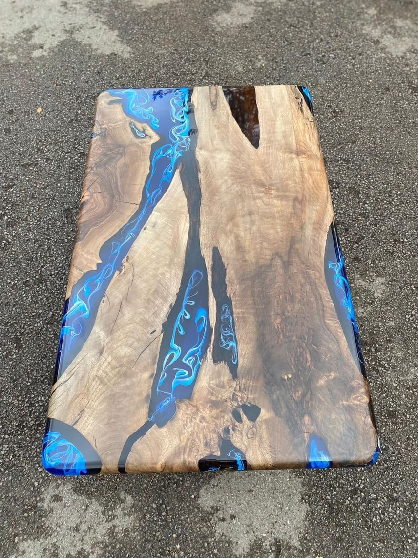 Live Edge Table, Epoxy Coffee Table, Custom 50” x 30” Walnut Ocean Blue, Turquoise White Waves, Epoxy River Coffee Table, Order for Nikolaj