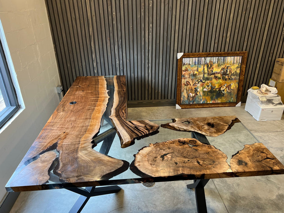 L Shape Epoxy Table, Custom 90” x 72” x 30” Walnut Wood Clear Epoxy Office Desk Order for Kathleen 2