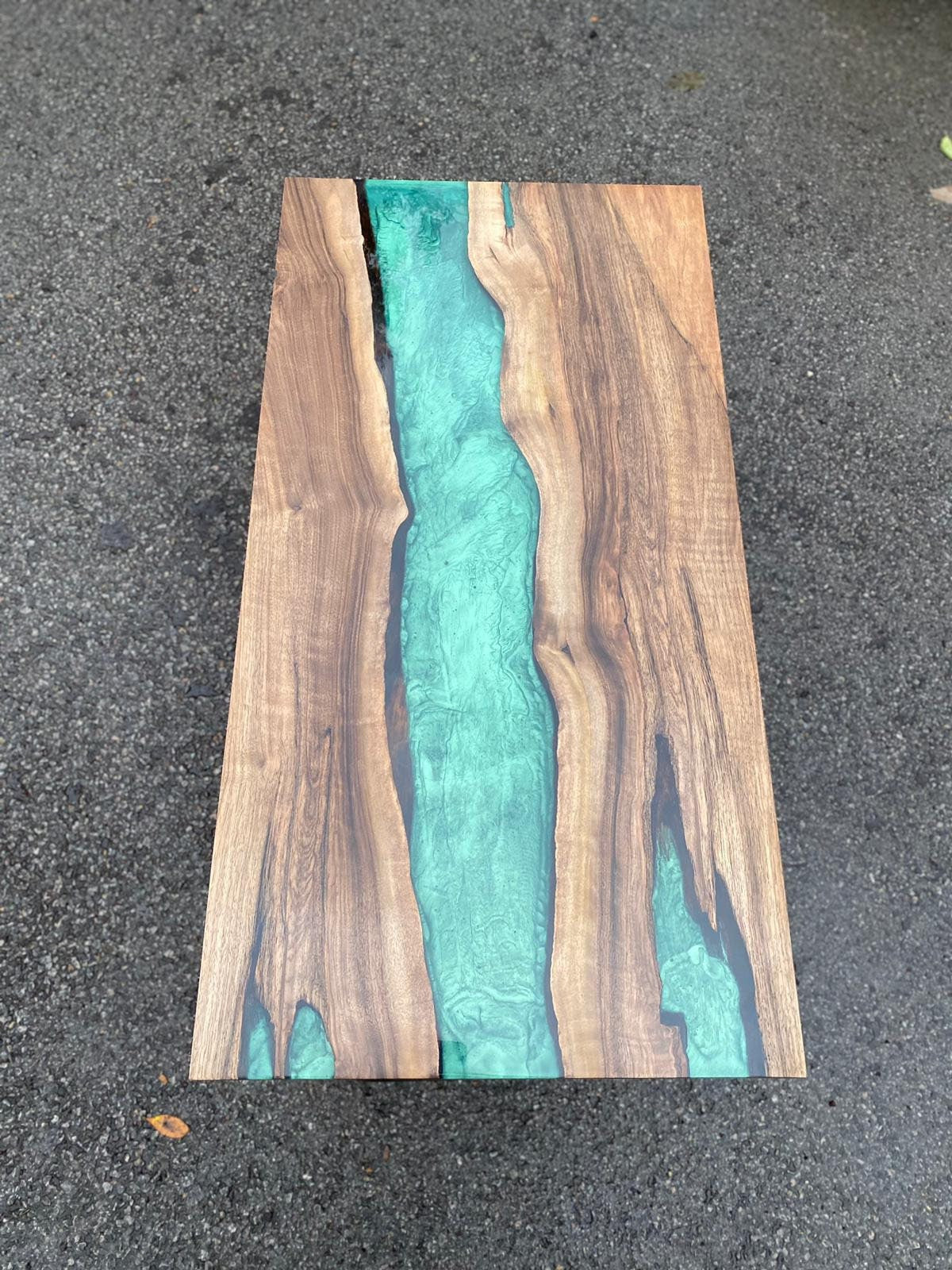 Live Edge Epoxy Mantle, Custom 40” x 20" Walnut Wood Metallic Emerald Green Epoxy Shelf Order for Bryan W