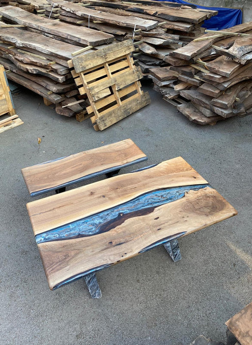 Walnut Dining Table, Live Edge Epoxy Resin Table, Custom 60” x 32” Walnut Blue Gray Table, Epoxy Dining Table, Custom for Mark B