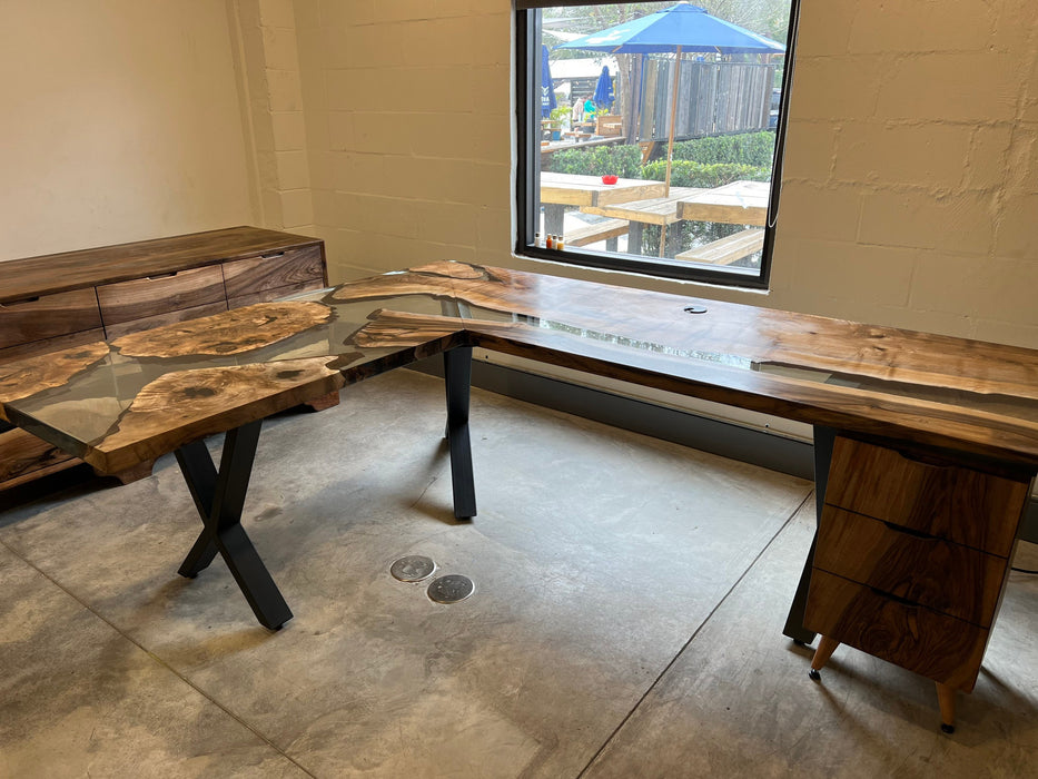 L Shape Epoxy Table, Custom 90” x 72” x 30” Walnut Wood Clear Epoxy Office Desk Order for Kathleen 2