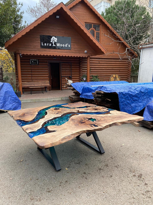 Walnut Dining Table, Epoxy Resin Table, Custom 72” x 72” Walnut Blue, Turquoise, Green Table, Epoxy Dining Table, Custom for Tina B 2