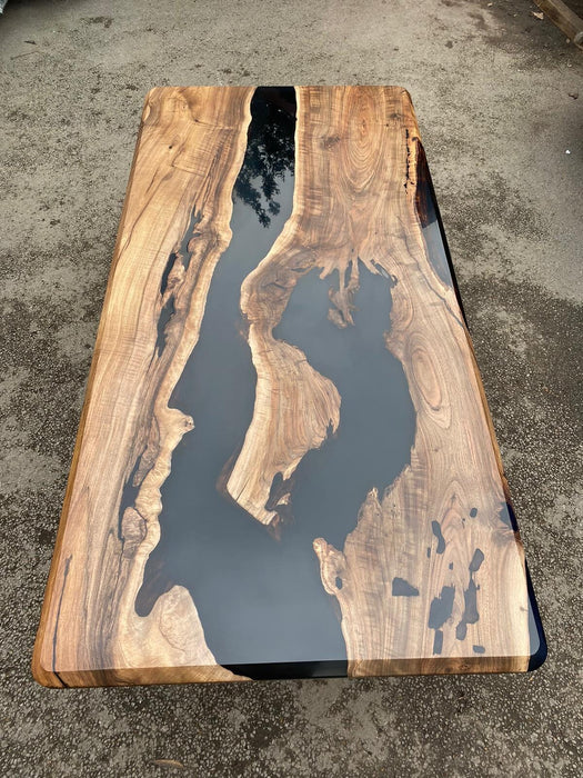 Epoxy Table, Epoxy Dining Table, Walnut Epoxy River Table, Custom 90” x 44” Walnut Black Epoxy River Table Order for Jeff