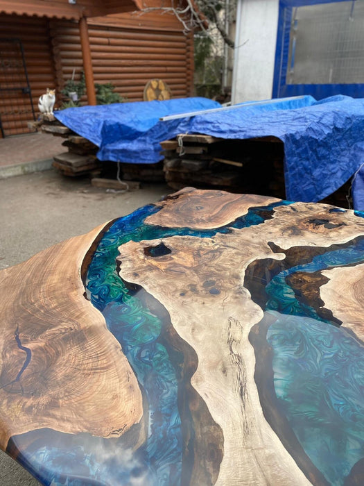 Walnut Dining Table, Epoxy Resin Table, Custom 72” x 72” Walnut Blue, Turquoise, Green Table, Epoxy Dining Table, Custom for Tina B 1
