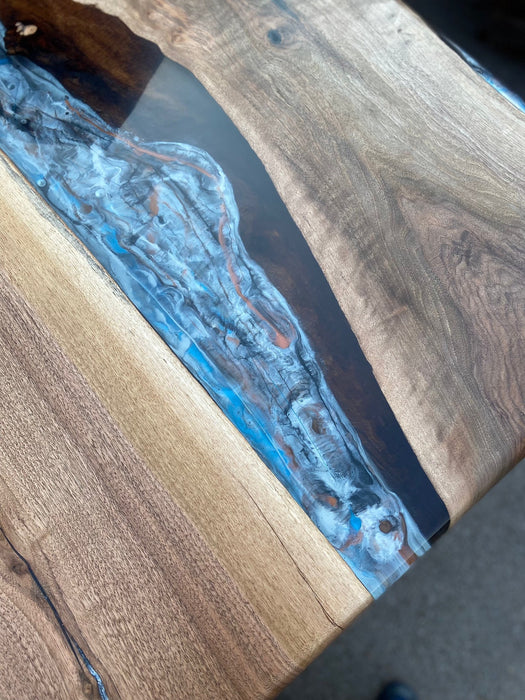 Walnut Dining Table, Live Edge Epoxy Resin Table, Custom 60” x 32” Walnut Blue Gray Table, Epoxy Dining Table, Custom for Mark B