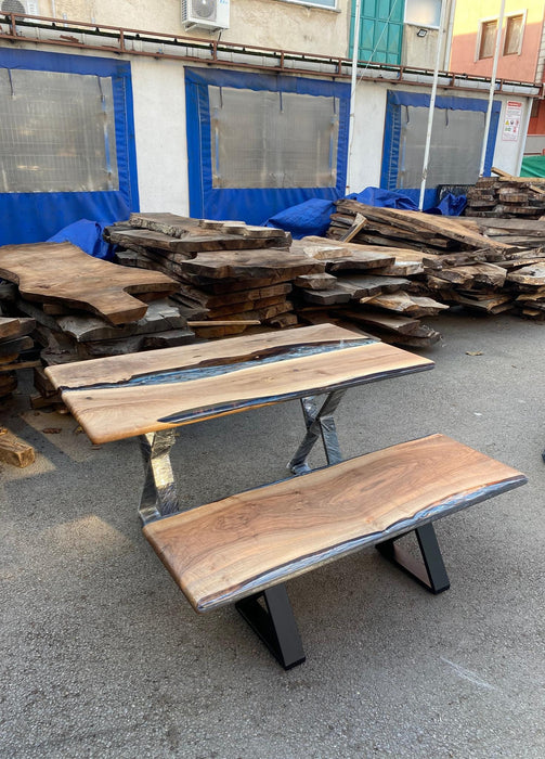 Walnut Dining Table, Live Edge Epoxy Resin Table, Custom 60” x 32” Walnut Blue Gray Table, Epoxy Dining Table, Custom for Mark B