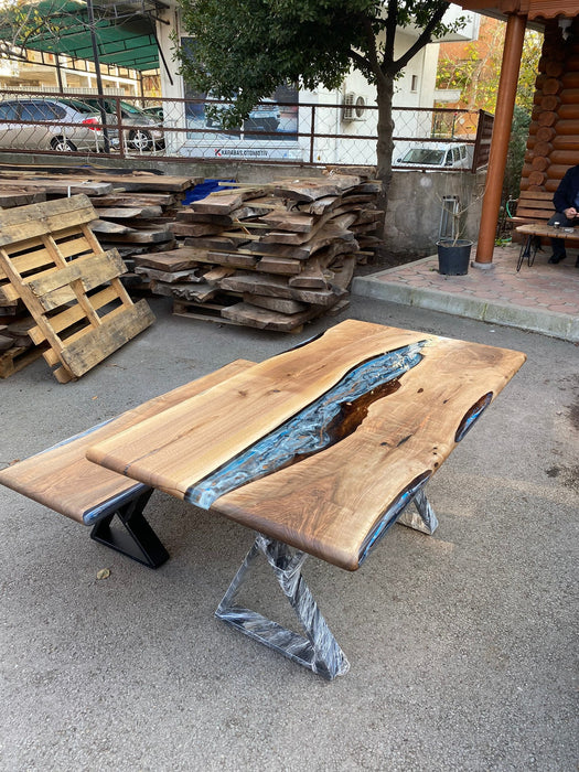 Walnut Dining Table Bench, Live Edge Epoxy Resin Bench, Custom 50” x 17” Walnut Blue Gray Bench, Epoxy Dining bench Order for Mark B