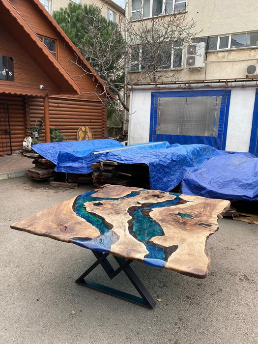 Walnut Dining Table, Epoxy Resin Table, Custom 72” x 72” Walnut Blue, Turquoise, Green Table, Epoxy Dining Table, Custom for Tina B 1