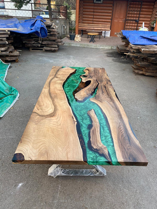 Epoxy Resin Desk, Custom 90” x 40” Walnut Emerald Green Epoxy River Dining Table Order for Arlenebury