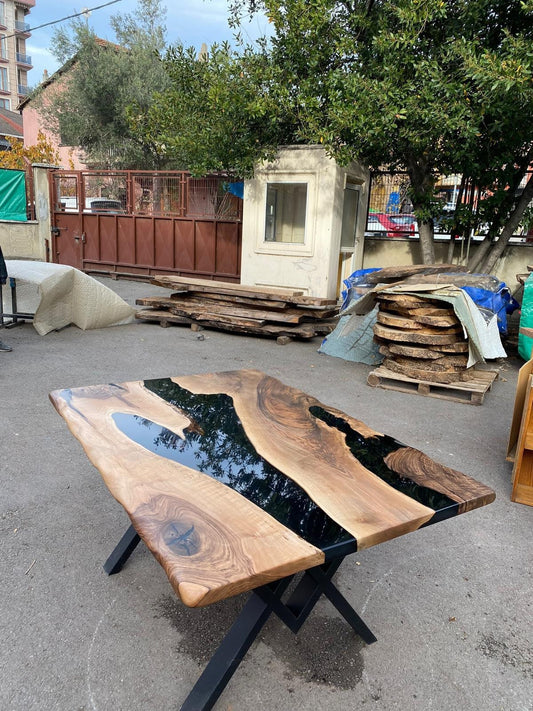 Epoxy Dining Table, Walnut Epoxy River Table, Custom 60” x 42” Walnut Wood Black Epoxy Table, Custom Order for Beth 1