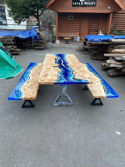 Ocean Table, St George Island, Custom 90” x 36” Poplar Ocean Blue, Turquoise White Waves Table, Epoxy Lake Dining Table Order for Danielg 1