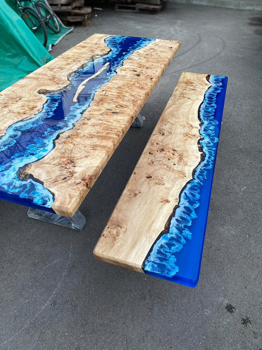 Ocean Table, St George Island, Custom 90” x 17” Poplar Ocean Blue, Turquoise White Waves Table, Epoxy Lake Dining Table Order for Danielg 5