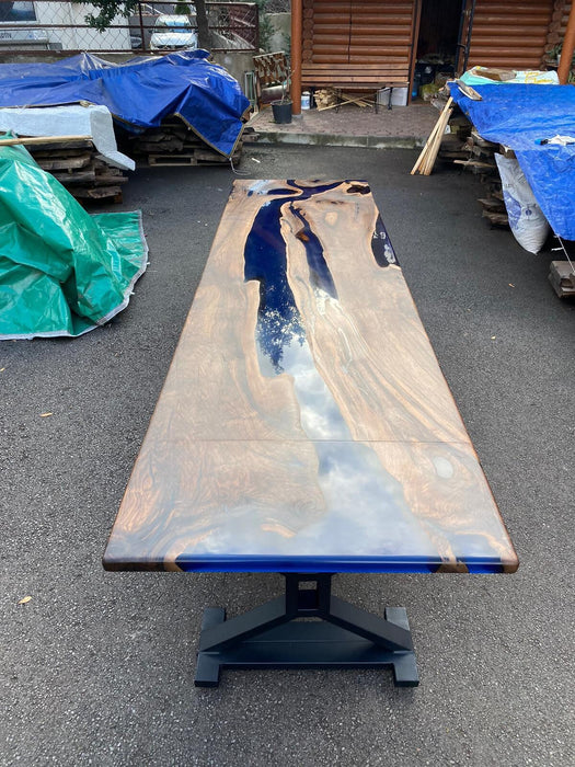 Epoxy Table, Custom 150” x 42” Walnut Wood Deep Dark Blue Ocean Epoxy Table, Extendable Shape Live Edge Epoxy Resin Table, for Paige 2