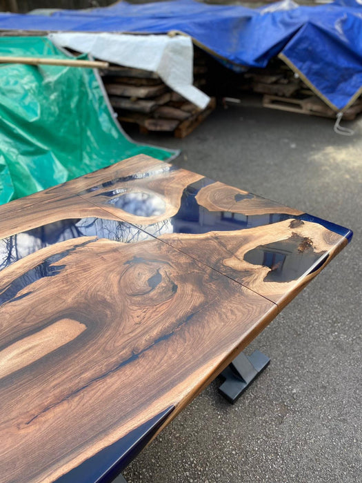 Epoxy Table, Custom 150” x 42” Walnut Wood Deep Dark Blue Ocean Epoxy Table, Extendable Shape Live Edge Epoxy Resin Table, for Paige 2