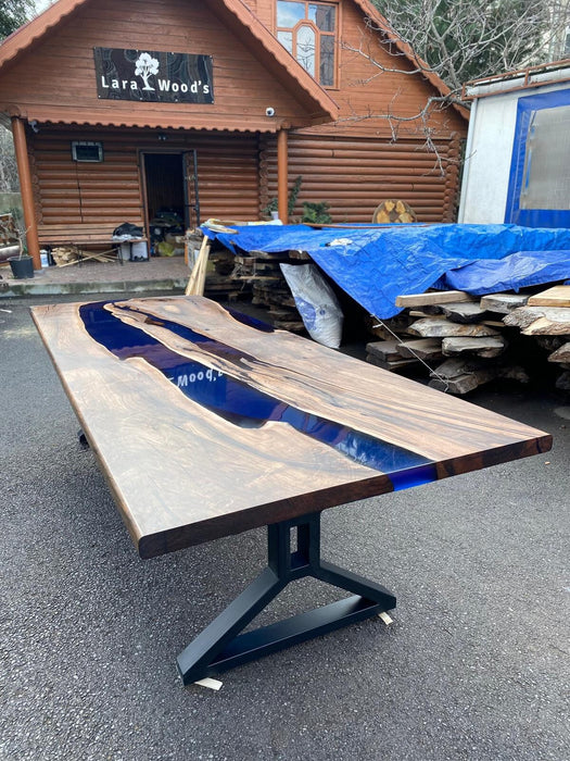 Epoxy Table, Custom 150” x 42” Walnut Wood Deep Dark Blue Ocean Epoxy Table, Extendable Shape Live Edge Epoxy Resin Table, for Paige 2