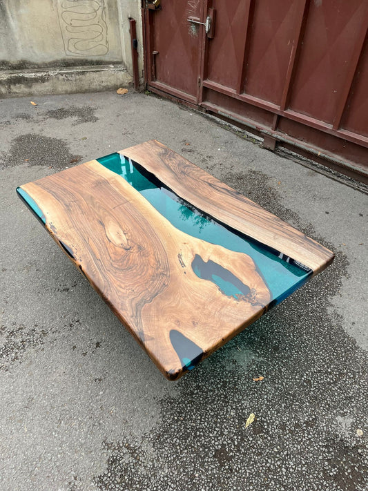 Live Edge Table, Custom 54” x 36” Walnut Translucent Transparent Turquoise Epoxy Table, Epoxy River Dining Table, Custom  Order for Bret B