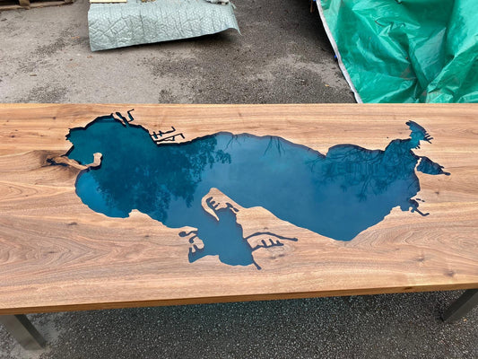 Lake Wawasee Custom 108” x 42” Walnut Turquoise Epoxy Table, Epoxy Lake Dining Table, Custom Order for John&Jenna 1