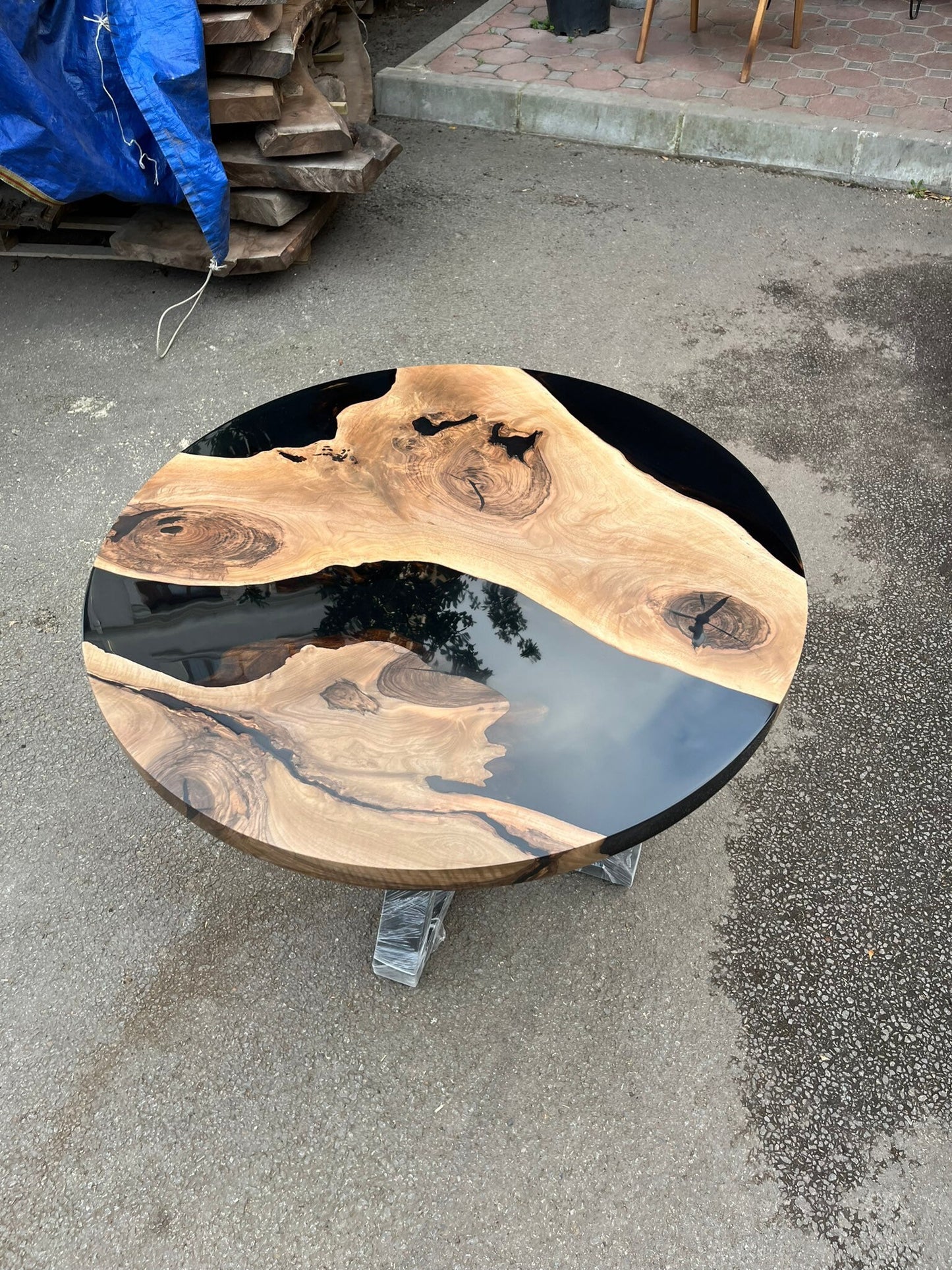 Epoxy Round Table, Epoxy Dining Table, Walnut Epoxy River Table, Custom 40” Round Walnut Wood Black Epoxy Table, Order for Rebecca&Sam