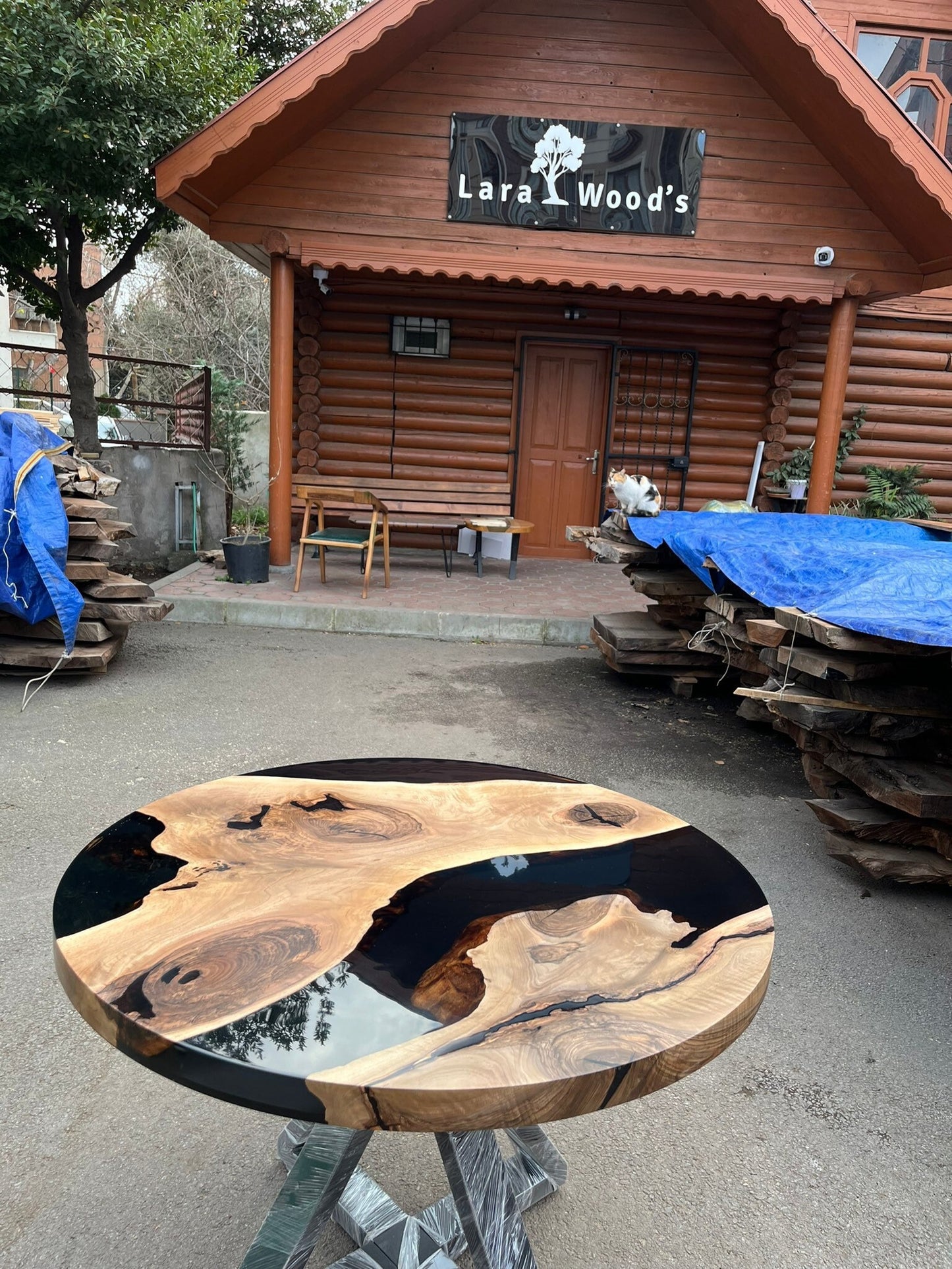 Epoxy Round Table, Epoxy Dining Table, Walnut Epoxy River Table, Custom 40” Round Walnut Wood Black Epoxy Table, Order for Rebecca&Sam