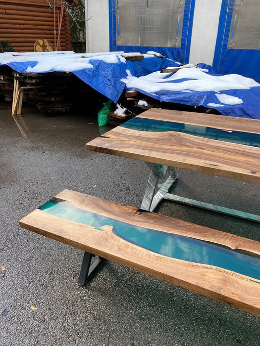 Epoxy Dining Bench, Matching Bench for Custom 80” x 53” Walnut Blue, Turquoise, Green Table, Order for Dietrich