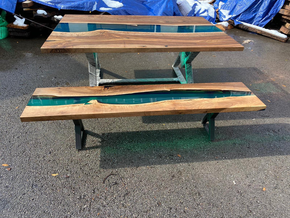 Epoxy Dining Bench, Matching Bench for Custom 80” x 53” Walnut Blue, Turquoise, Green Table, Order for Dietrich