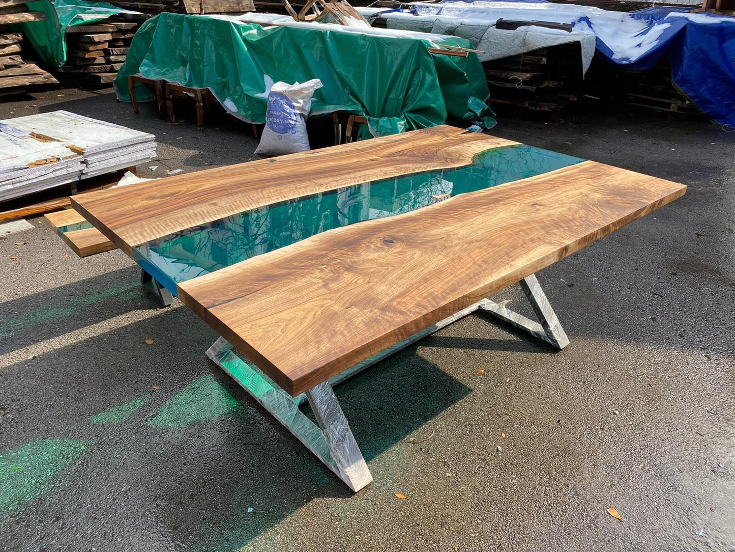 Epoxy Dining Table, Custom 80” x 53” Walnut Blue, Turquoise, Green Table, Live Edge Table, River Table, for Dietrich