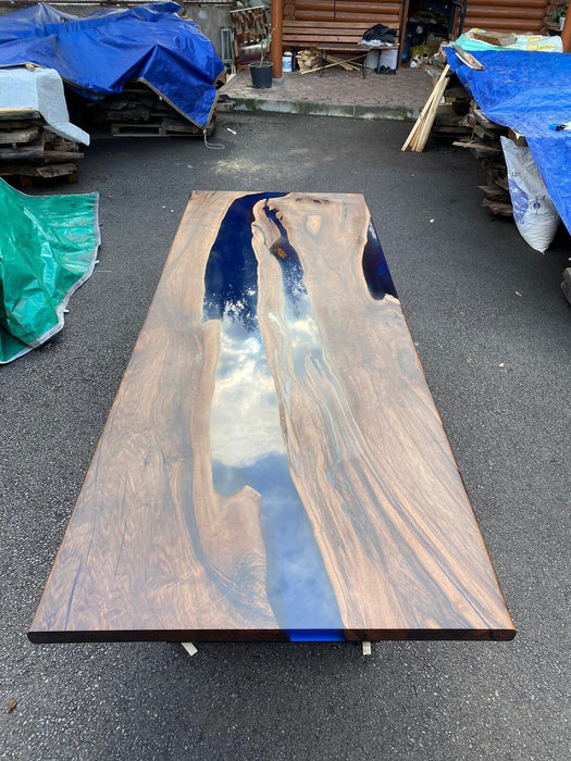 Epoxy Table, Custom 114” x 42” Walnut Wood Deep Dark Blue Ocean Epoxy Table, Extendable Shape Live Edge Epoxy Resin Table, for Paige 1