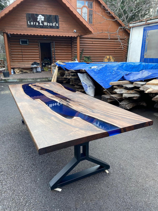 Epoxy Table, Custom 114” x 42” Walnut Wood Deep Dark Blue Ocean Epoxy Table, Extendable Shape Live Edge Epoxy Resin Table, for Paige 1