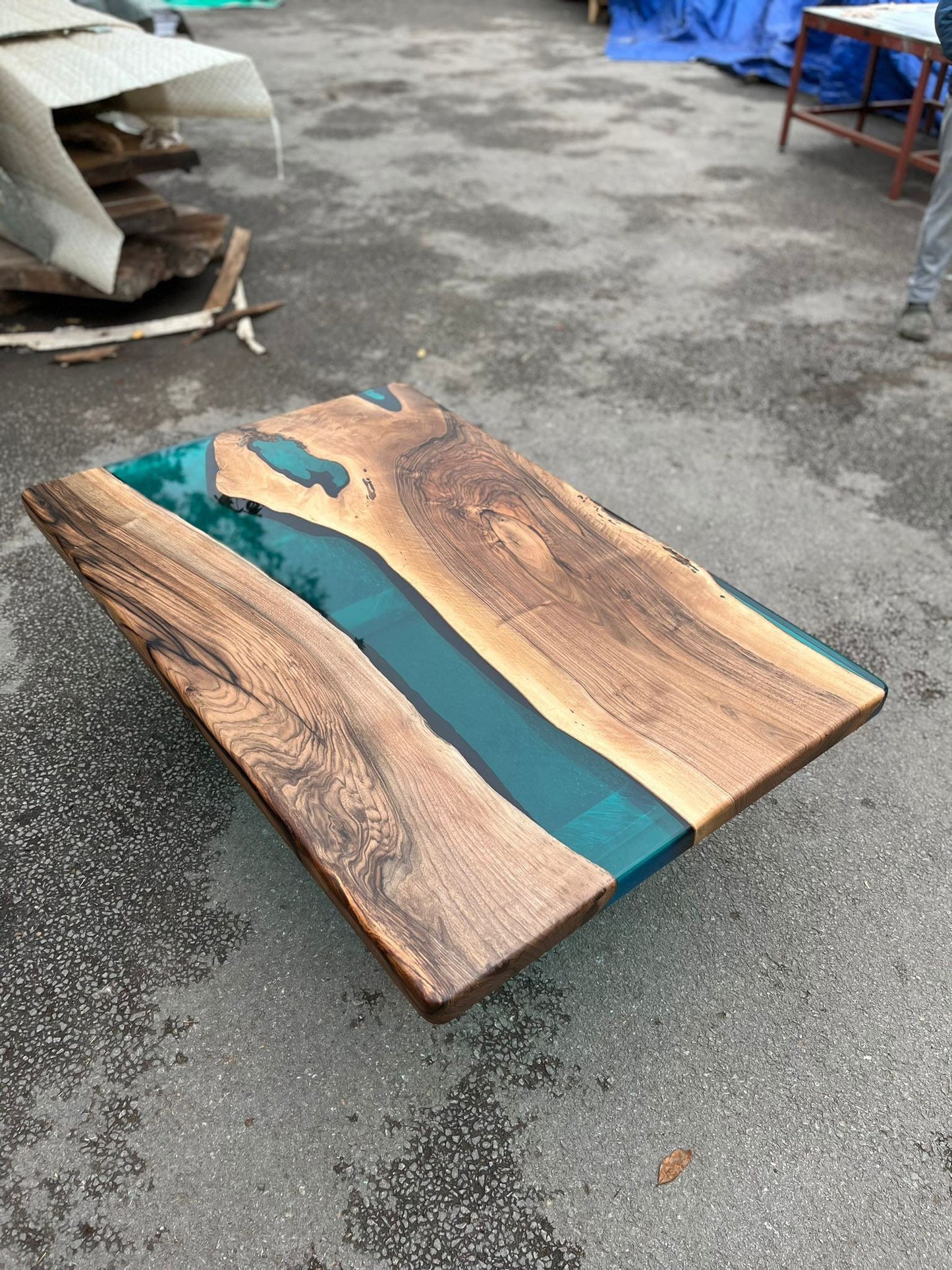 Live Edge Table, Custom 54” x 36” Walnut Translucent Transparent Turquoise Epoxy Table, Epoxy River Dining Table, Custom  Order for Bret B