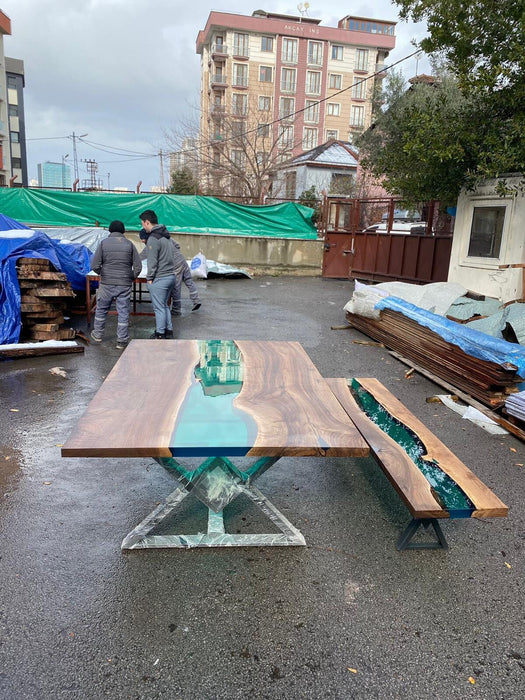 Epoxy Dining Table, Custom 80” x 53” Walnut Blue, Turquoise, Green Table, Live Edge Table, River Table, for Dietrich