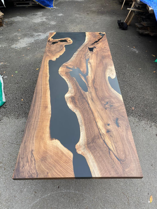 Walnut Live Edge Table, Custom 78” x 40” Walnut Matte Black Epoxy Table, Epoxy Resin River Dining Table Order for Ty Olden