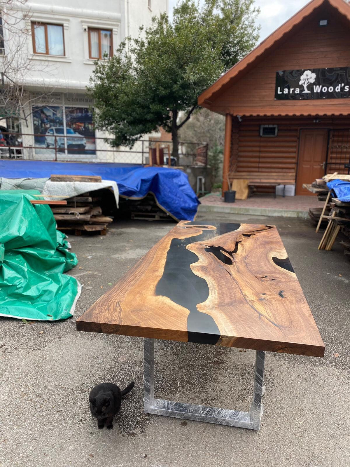 Walnut Live Edge Table, Custom 78” x 40” Walnut Matte Black Epoxy Table, Epoxy Resin River Dining Table Order for Ty Olden