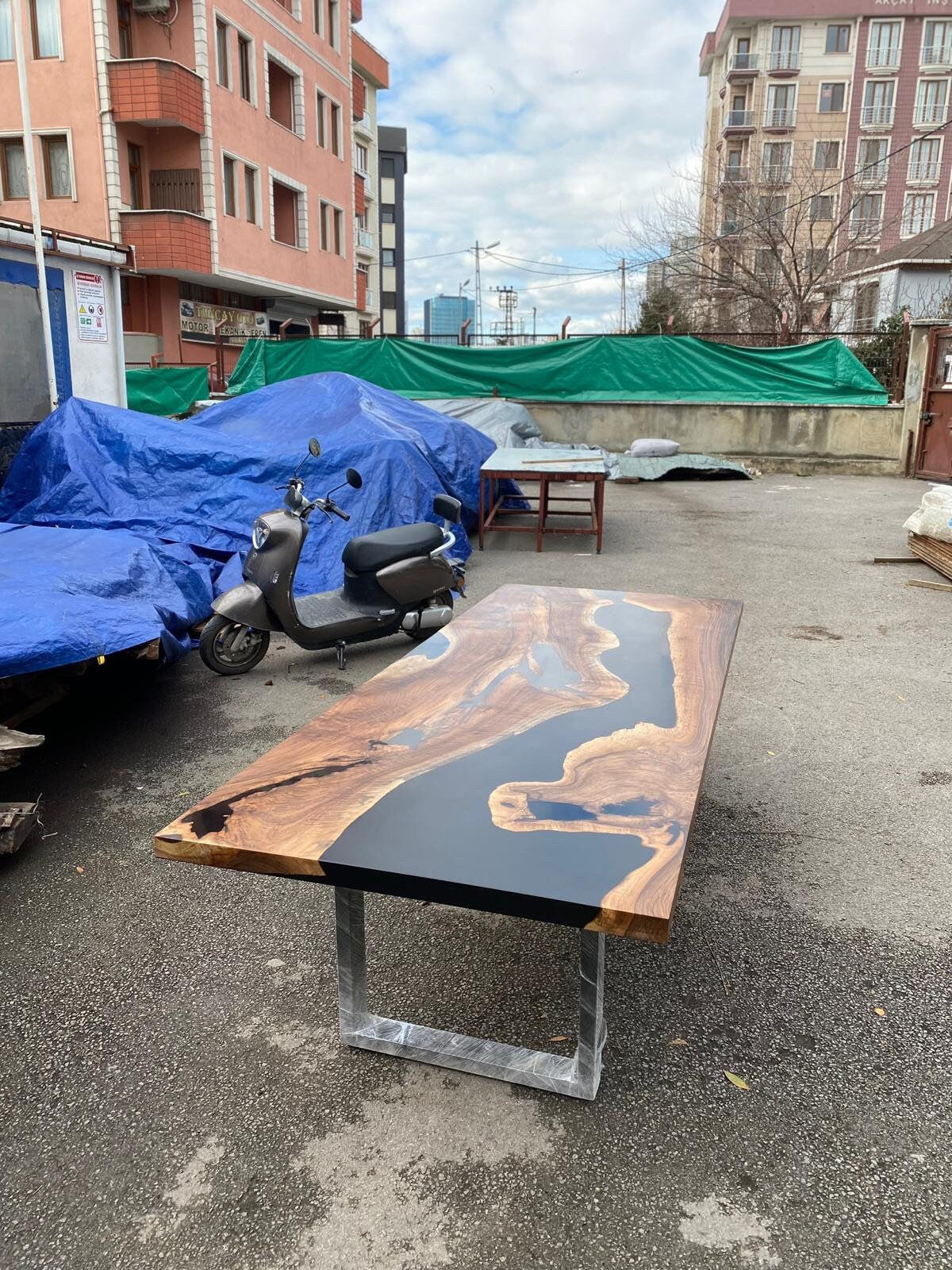 Walnut Live Edge Table, Custom 78” x 40” Walnut Matte Black Epoxy Table, Epoxy Resin River Dining Table Order for Ty Olden