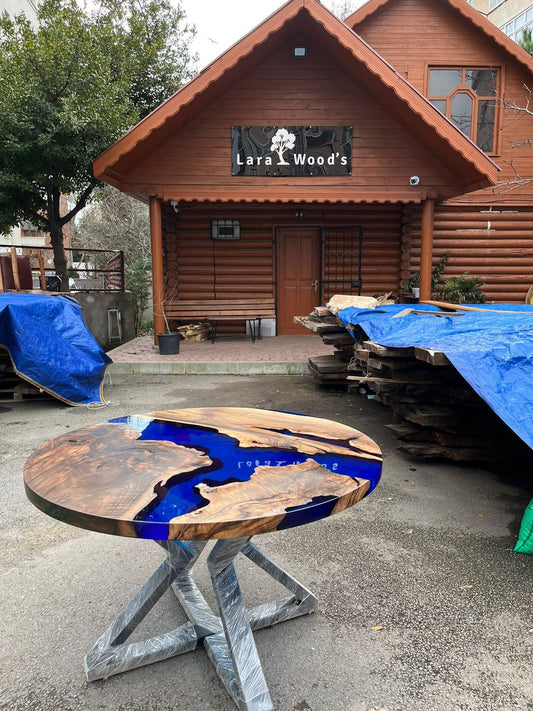 Custom 48” Round  Walnut Blue Epoxy Table, Epoxy Dining Table, Live Edge Table, Order for Barbara 1