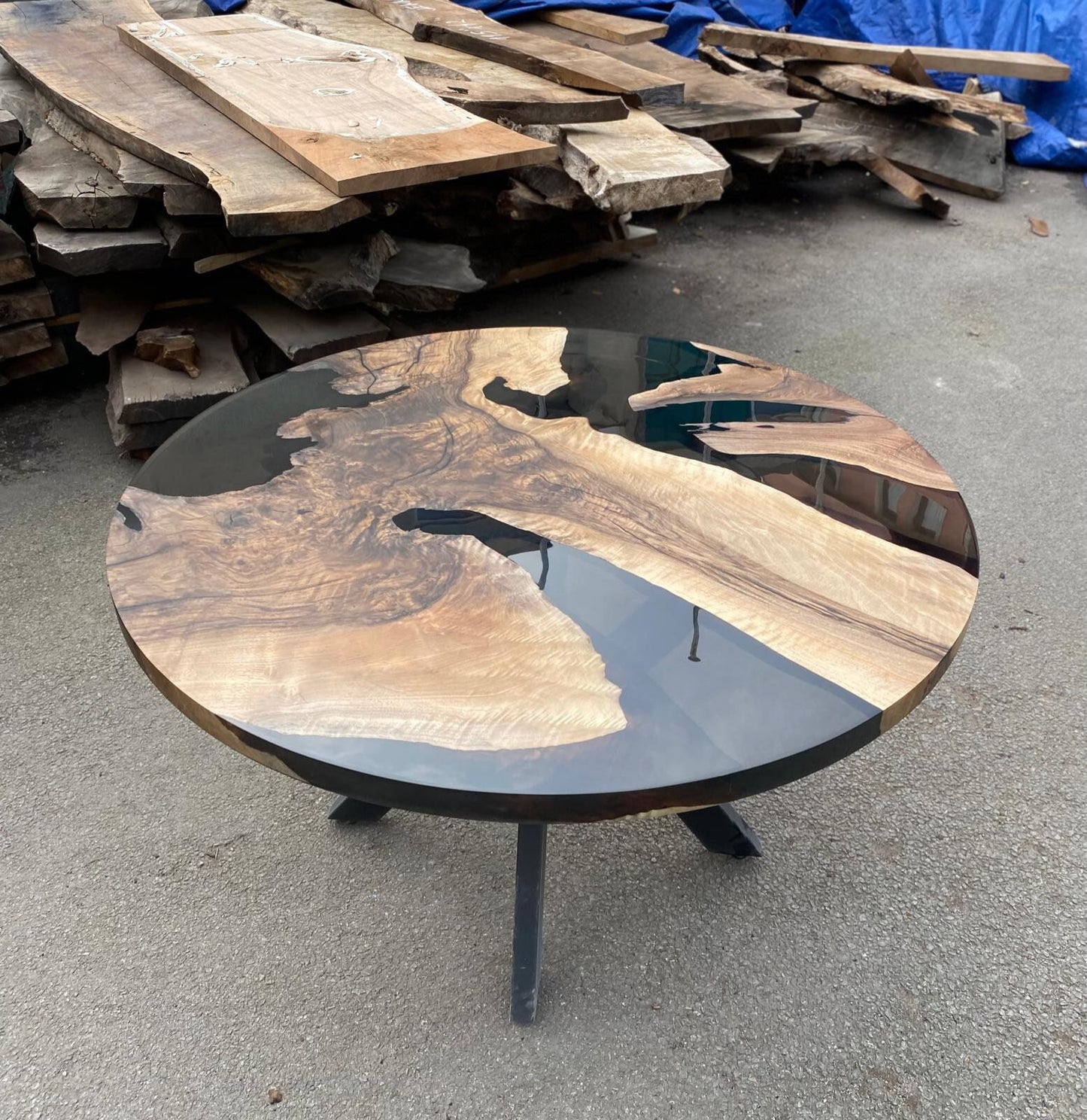 Epoxy Dining Table, Epoxy Resin Table, Custom 48” Diameter Round Walnut Wood Smokey Gray Epoxy Table Order for Sonia