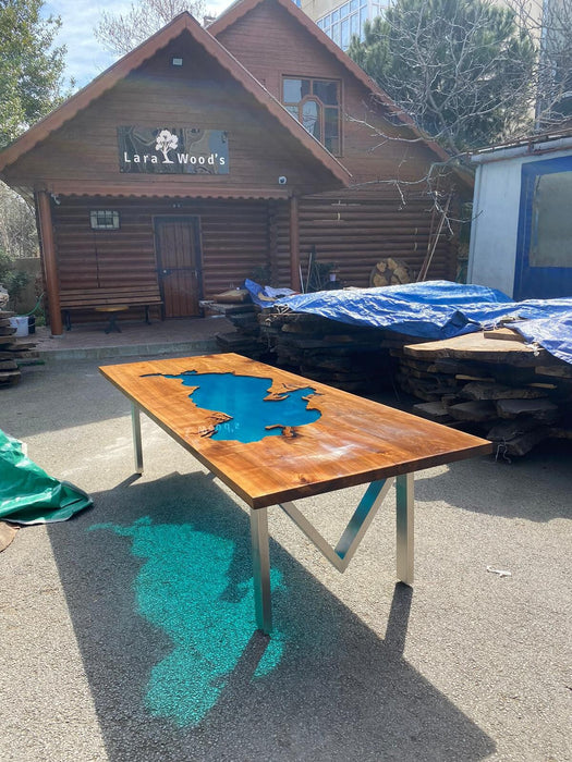 Lake Wawasee Custom 108” x 42” Walnut Turquoise Epoxy Table, Epoxy Lake Dining Table, Custom Order for John&Jenna 3