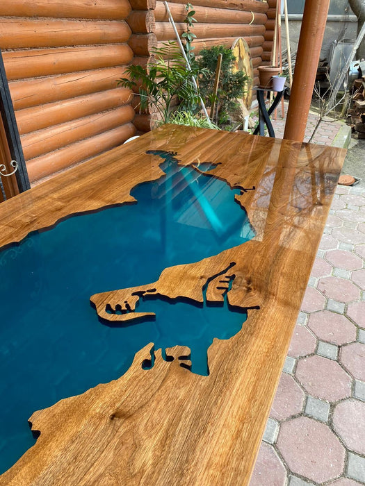 Lake Wawasee Custom 108” x 42” Walnut Turquoise Epoxy Table, Epoxy Lake Dining Table, Custom Order for John&Jenna 3