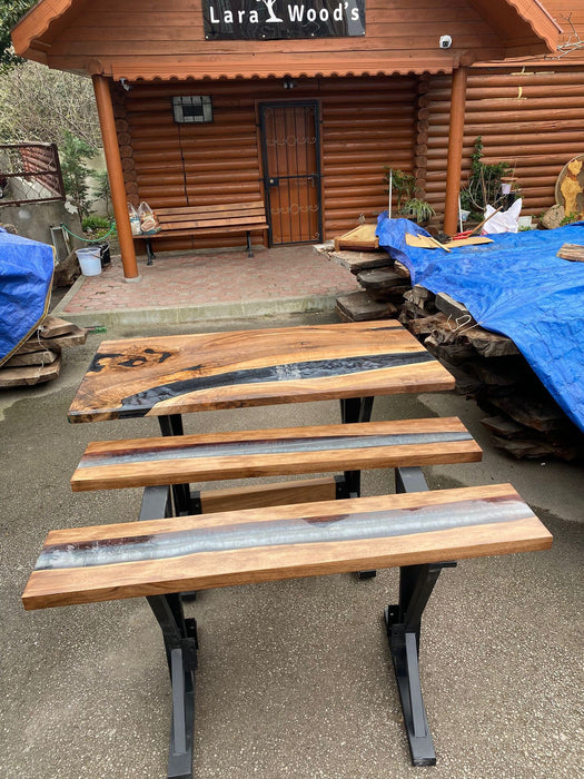 Epoxy Resin Table, Live Edge Table, River Table, Custom 60” x 32” Walnut Wood Metallic Gray Wood Epoxy Dining Table Order for Nicholas 1