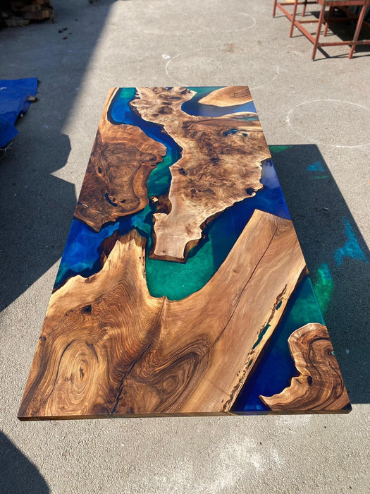 Epoxy Resin Table, Custom 104” x 45” Walnut Blue, Green Table, Epoxy Dining Table, Live Edge Table Order for Valerie S
