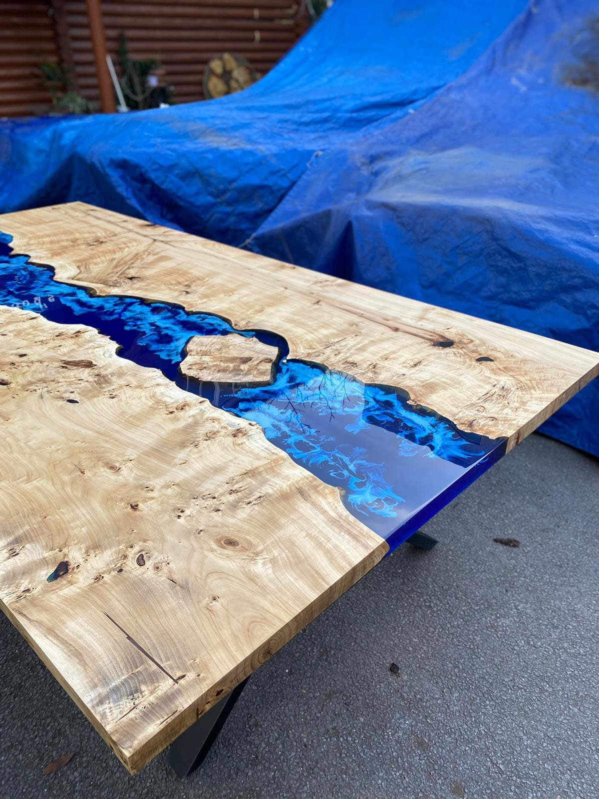 Custom 115” x 60”  Poplar Wood Blue, Turquoise and White Waves Table, Epoxy River Dining Table, Order for Rick B