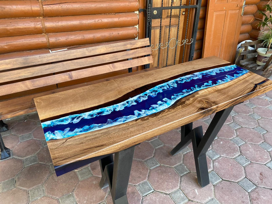 Epoxy Console Table, Custom 48” x 18” Walnut Ocean Blue, Turquoise White Waves Epoxy River Console Table Order for David R 1