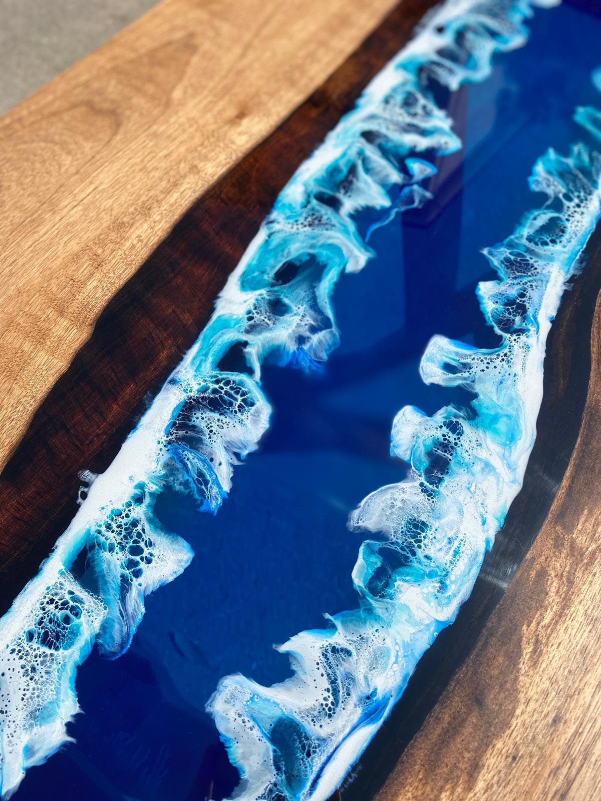 Epoxy Console Table, Custom 48” x 18” Walnut Ocean Blue, Turquoise White Waves Epoxy River Console Table Order for David R 1