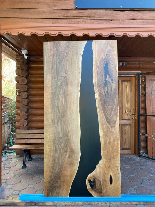 Walnut Barn Door Slab, Custom 84” x 40” Walnut Black Epoxy Door Slab , Epoxy Resin River Barn Door Order for Lara Wa