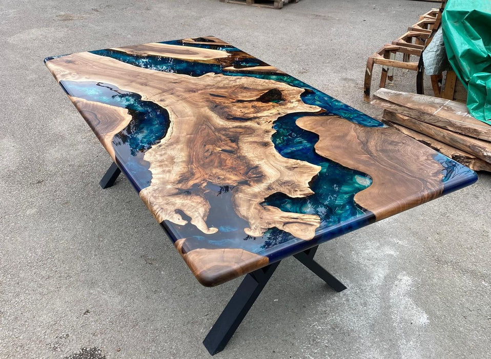 Walnut Dining Table, Custom 84” x 42” Walnut Blue, Turquoise, Green Table, Epoxy Dining Table, Wooden River Table, Custom for Nicholas D