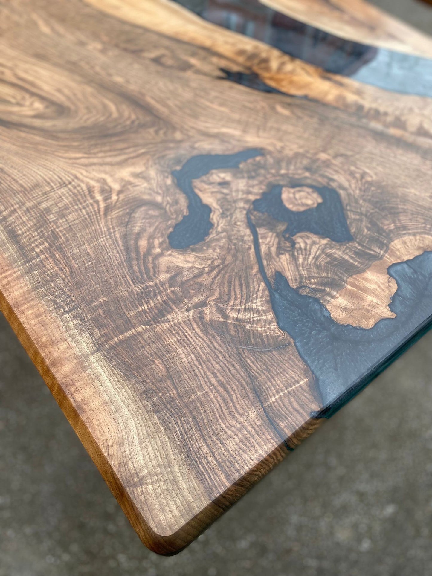 Epoxy Resin Table, Live Edge Table, River Table, Custom 60” x 32” Walnut Wood Metallic Gray Wood Epoxy Dining Table Order for Nicholas 1