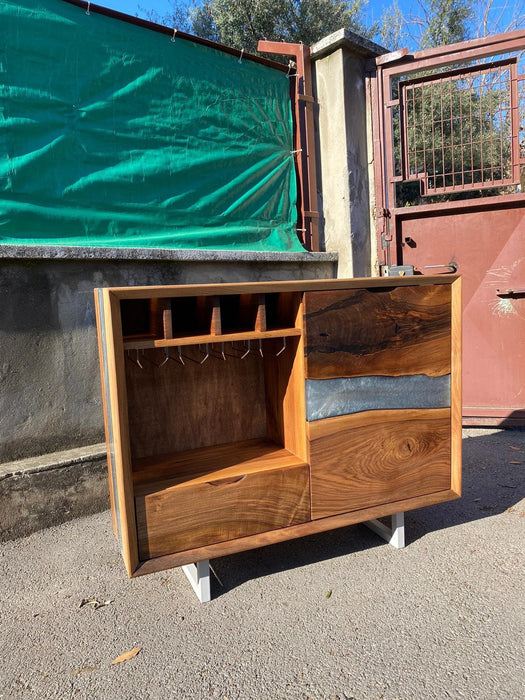 Custom Epoxy Wine Cabinet, Custom 44" x 13" x 36" Walnut Metallic Gray Epoxy Credenza, Wine Rack Cabinet Order for Nancy 1