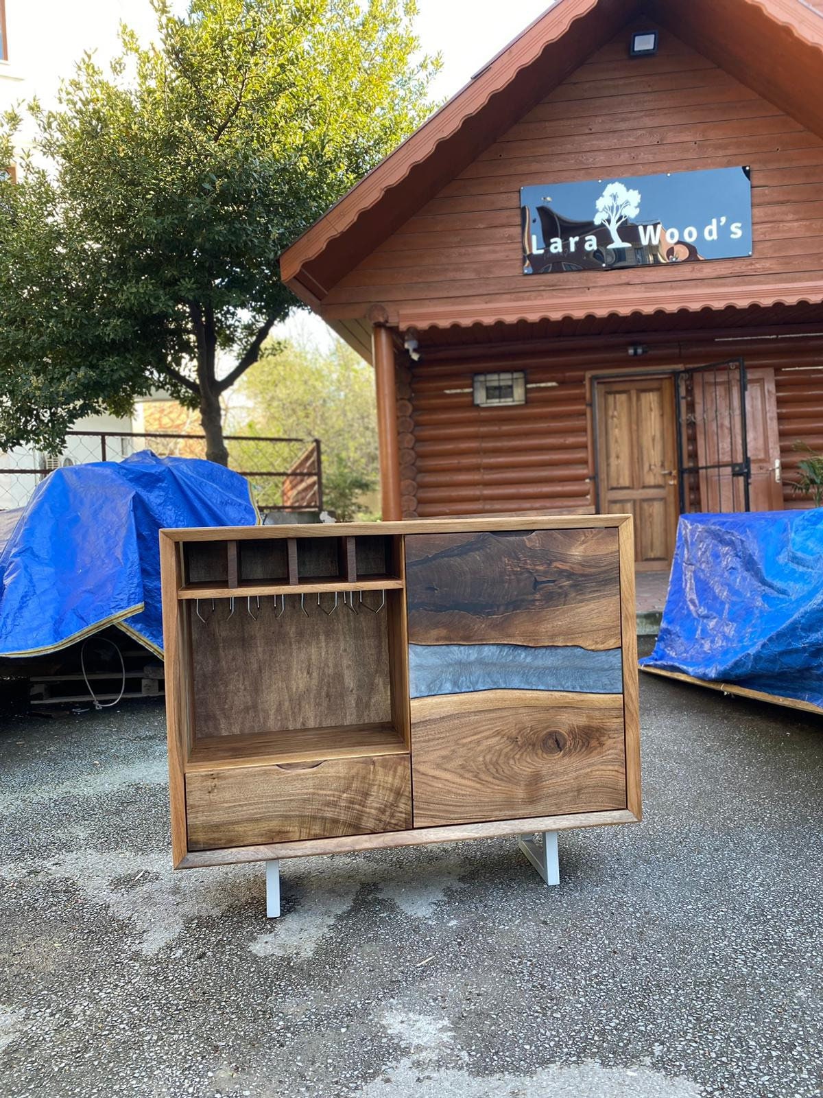 Custom Epoxy Wine Cabinet, Custom 44" x 13" x 36" Walnut Metallic Gray Epoxy Credenza, Wine Rack Cabinet Order for Nancy 1