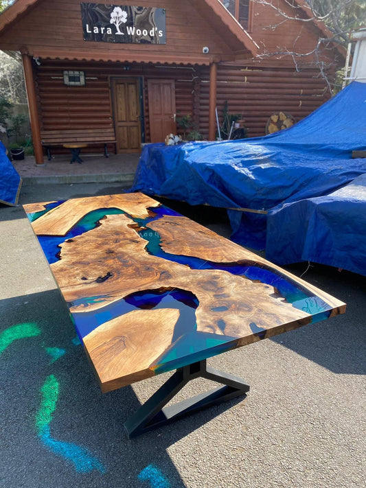 Epoxy Resin Table, Custom 104” x 45” Walnut Blue, Green Table, Epoxy Dining Table, Live Edge Table Order for Valerie S